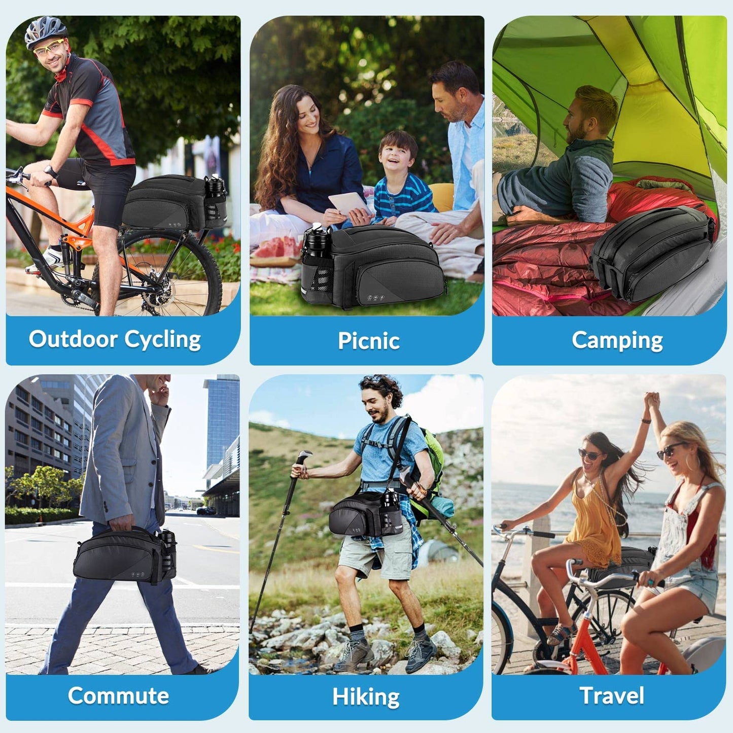WOTOW Rear Bike Rack Bag, 12L Waterproof Reflective Bike Ebike Saddle Trunk Bag, Bicycle Panniers Rear Basket Storage Bag with Water Bottle Holder Shoulder Strap for MTB E Bike Commuter Travel