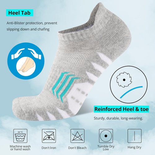 COOPLUS Ankle Socks - Women's Athletic Cushioned Low Cut Running Socks | 6 Pairs, Anti-Blister Cotton