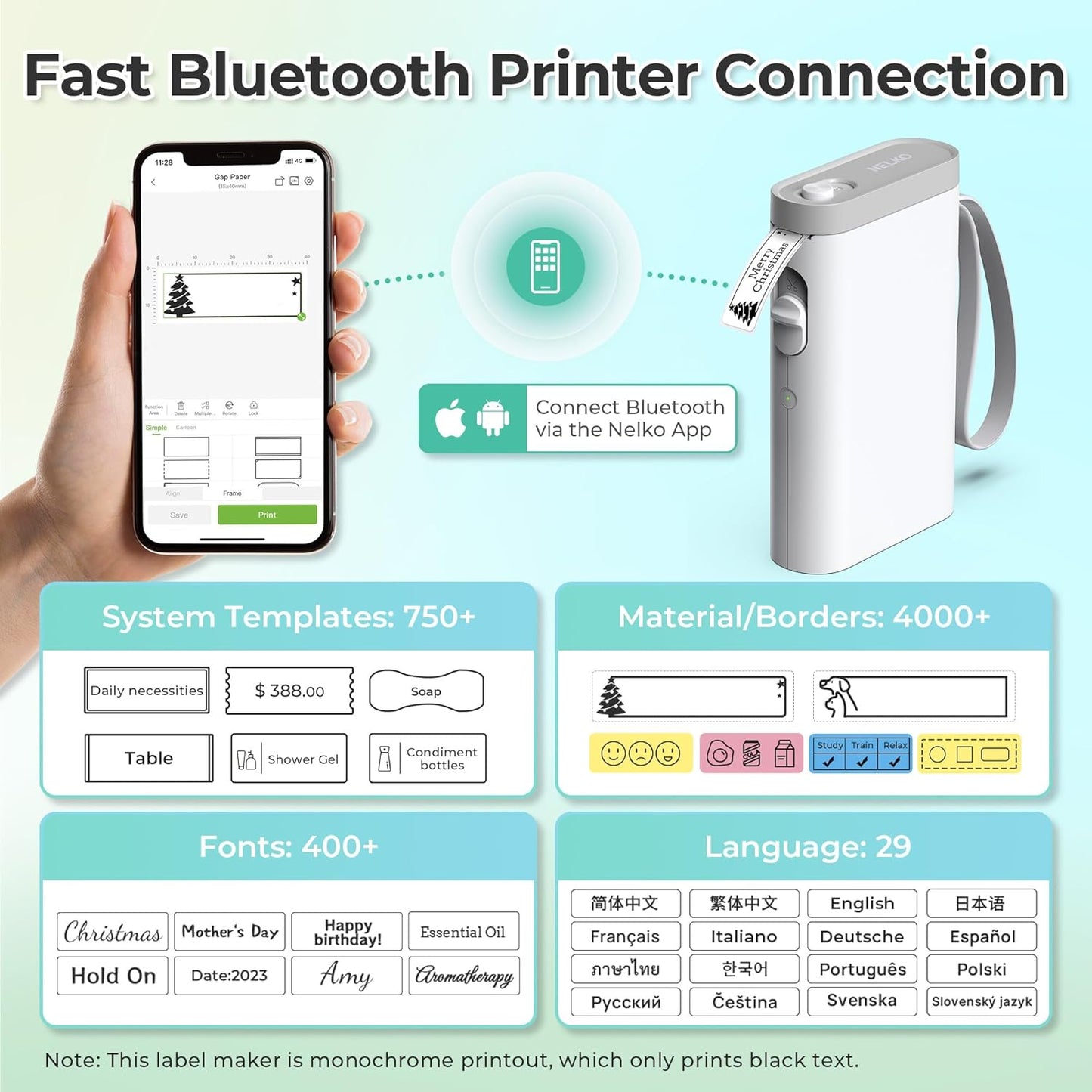 Nelko Label Maker - P21 Bluetooth Mini Printer with Multiple Templates | Wireless, Compact, White