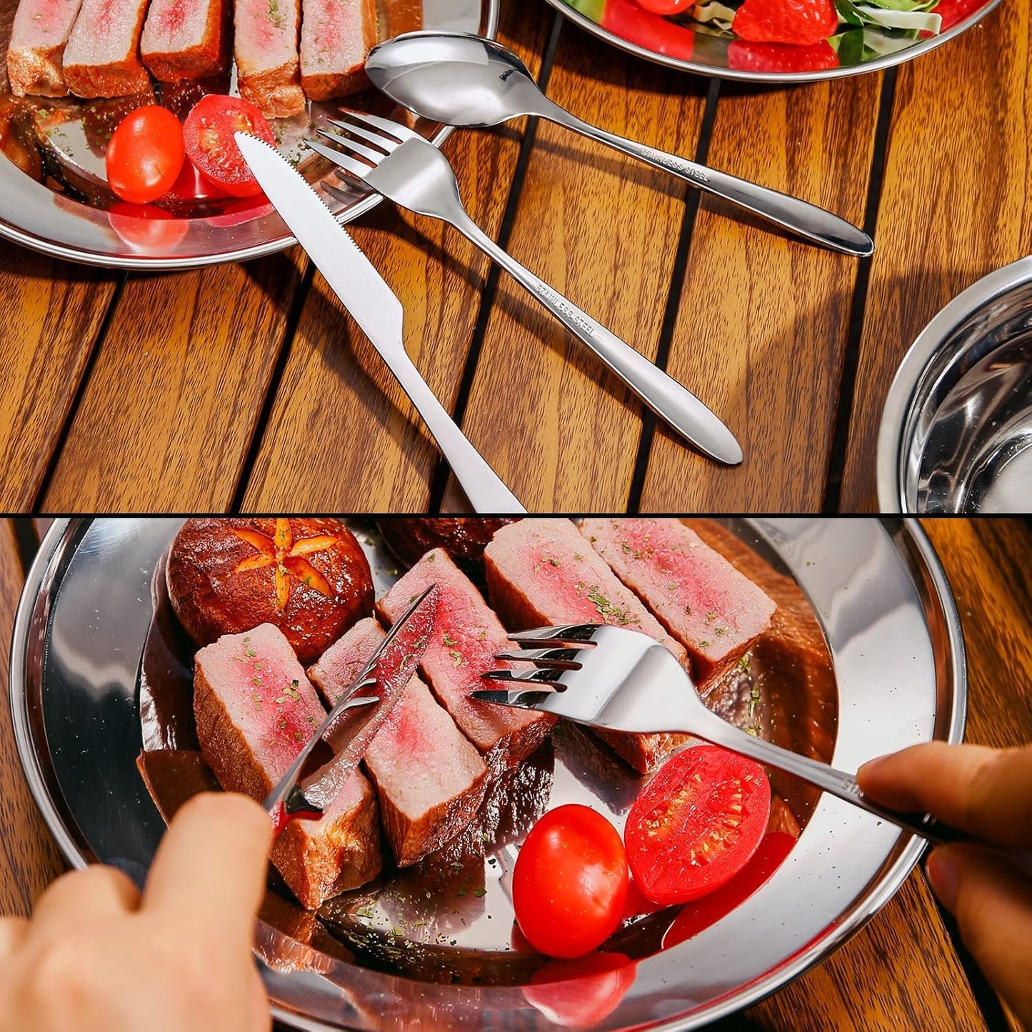 Odoland 29pcs Stainless Steel Utensils Camping Mess Kits with Bowls Plates Cups Forks Spoons and Knives for 4, Cutlery Flatware Set for Backpacking, Outdoor Camping Hiking and Picnic, 6 Person Set
