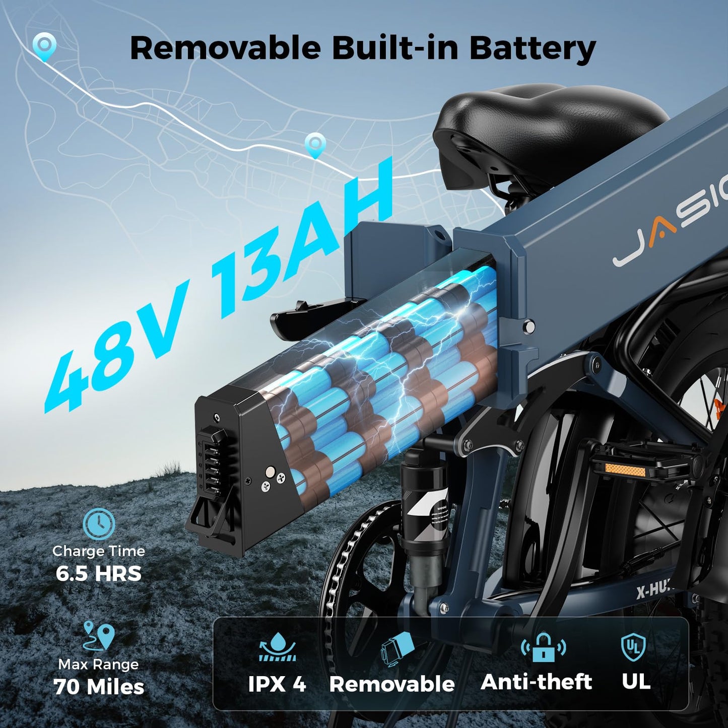 Jasion X-Hunter Foldable Electric Bike, 1400W Peak Motor, 30MPH Max Speed 70+ Miles, 48V 13AH Removable Battery, Full Suspension System, 20''*4.0 Fat Tire Ebike For Adults, 7-Speed Bicycle with Basket