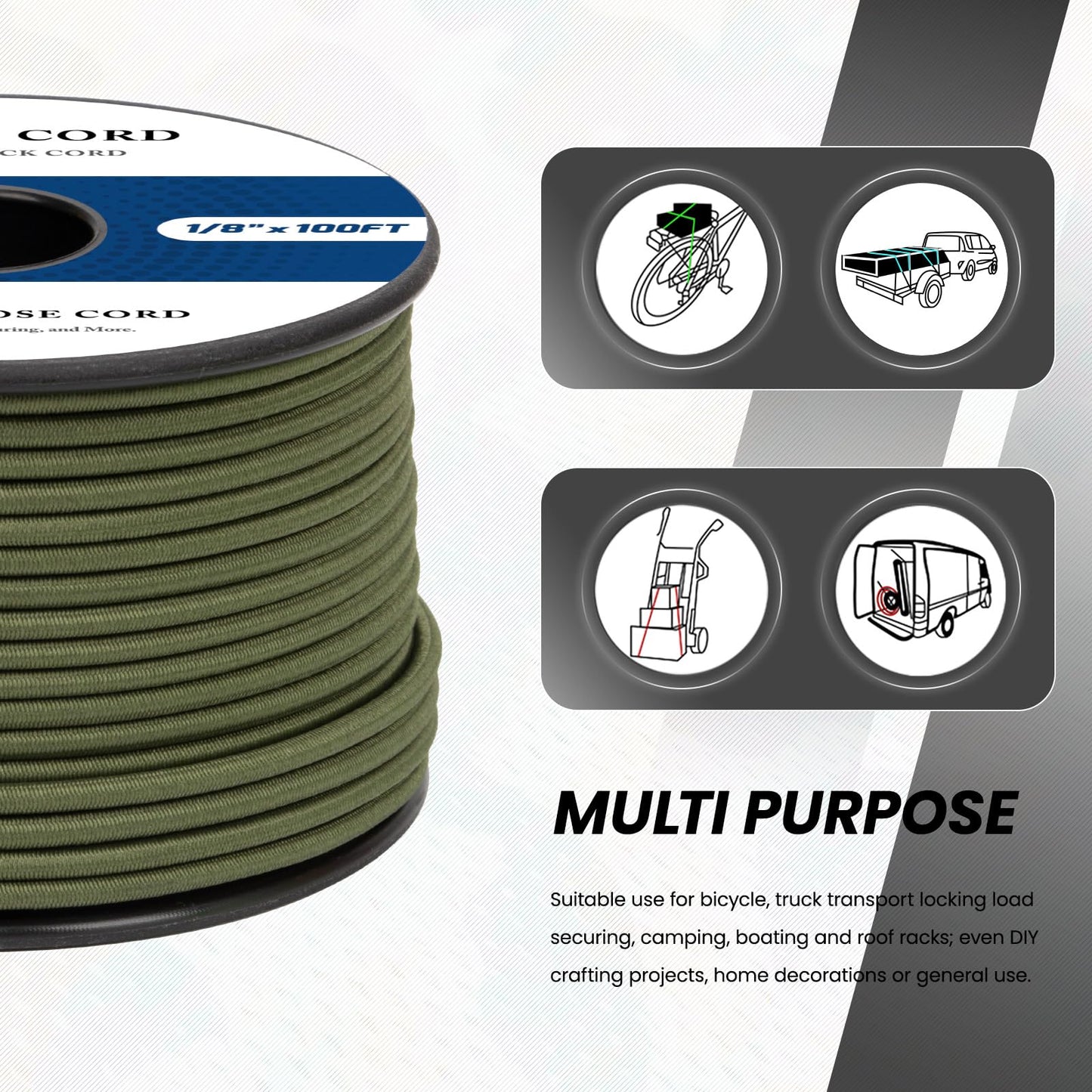Abma Cord Bungee Cord 1/8in x 50ft Elastic Shock Cord 100% Stretch Elastic Bungee Rope for Tarpaulin, Trailer, Backpack, Tent Pole, Kayak - Black