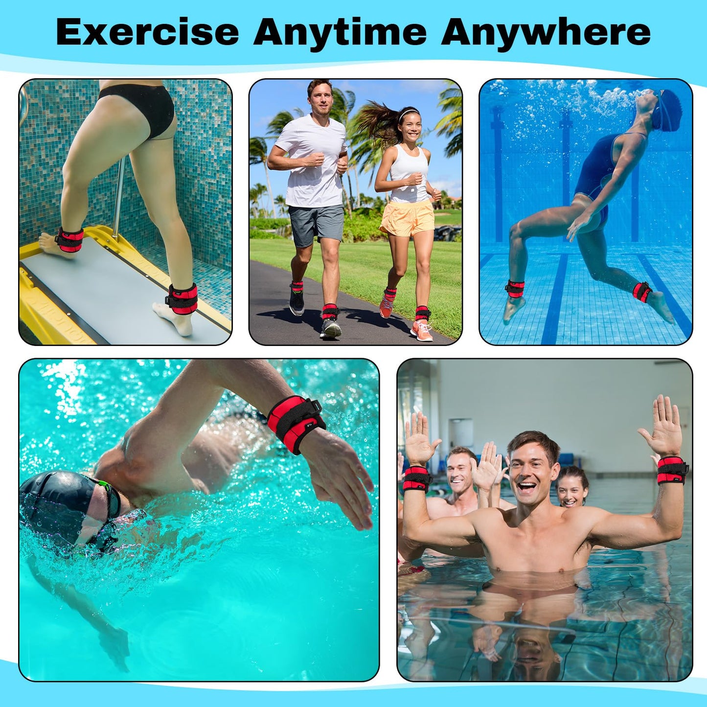 Hollowfly 2 Pairs Ankle Wrist Weights for Land or Aquatic Exercise Aqua Cuffs Aqua Aerobics Fitness Bands for Ankle and Wrist Adjustable Weights for Swimming Pool Workout Equipment(Red,1lb)