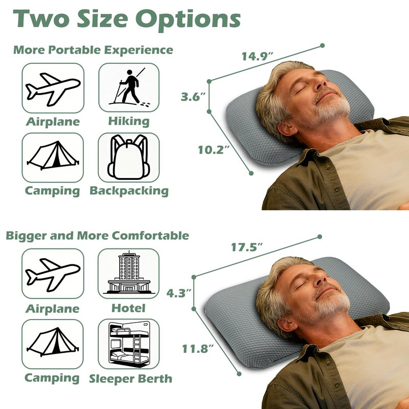 Orynvaux Cooling Camping Pillow, Memory Foam Travel Pillow with Adjustable Buckle Strap & Storage Bag, Compact Small Pillow for Airplane, Car Lumbar, Office, Washable Cooling Cover, Quarry Grey