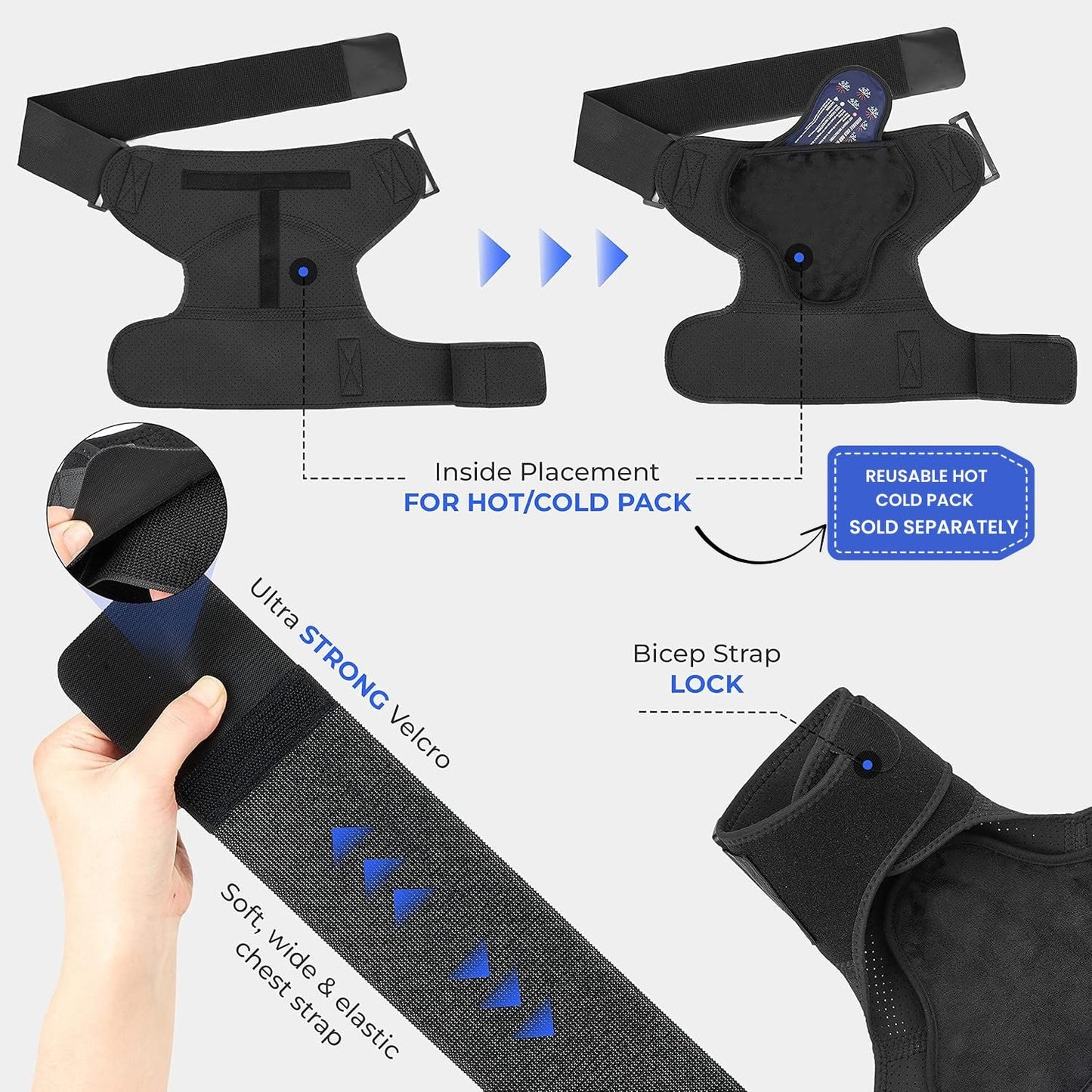 POAGL Adjustable Shoulder Brace for Men - Both Left and Right Arm - Pain Relief for Torn Rotator Cuff, Compression Support Sleeve for Dislocation, Bursitis, Tendonitis (Black, Large)