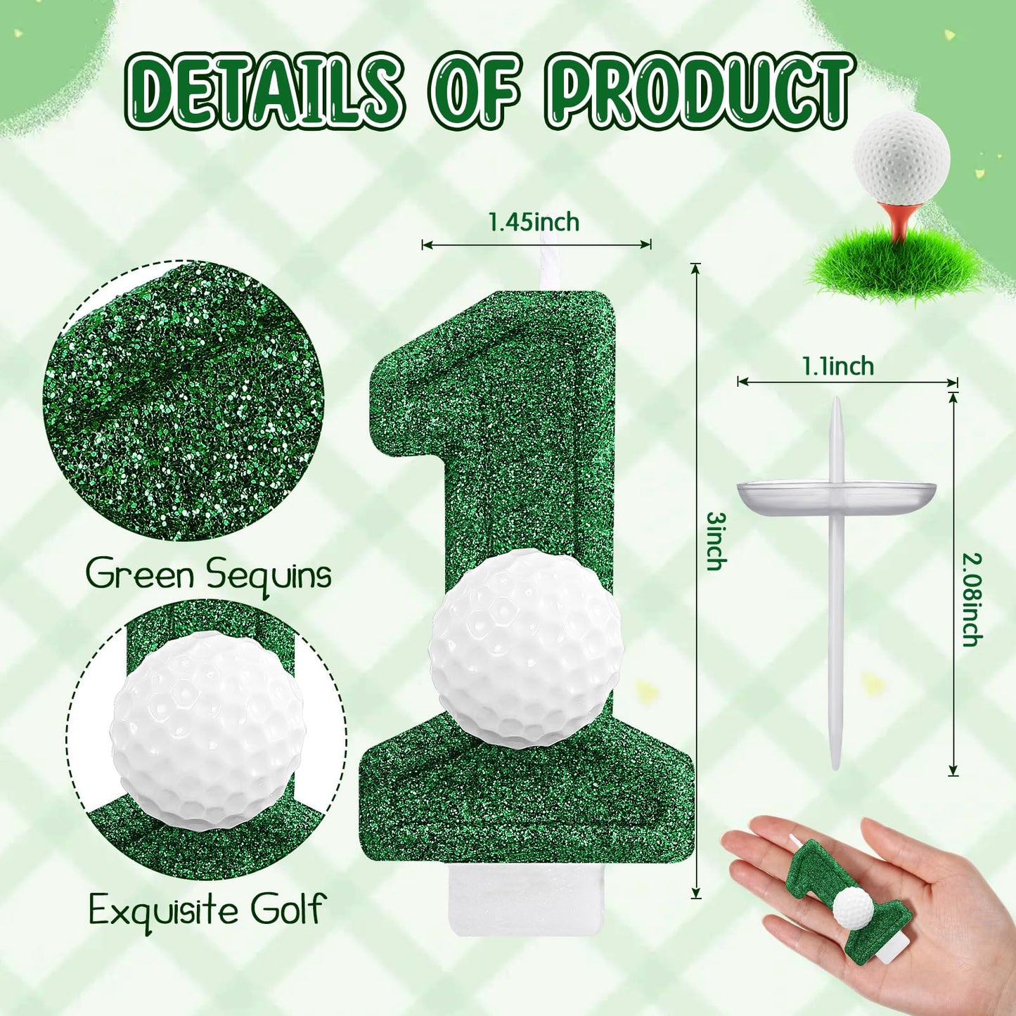 Conelist Golf 1 Candle for First Birthday Green Number 1 Candle Glitter Golf Party Decorations for Sport Birthday Cake Topper Anniversary Party Supplies