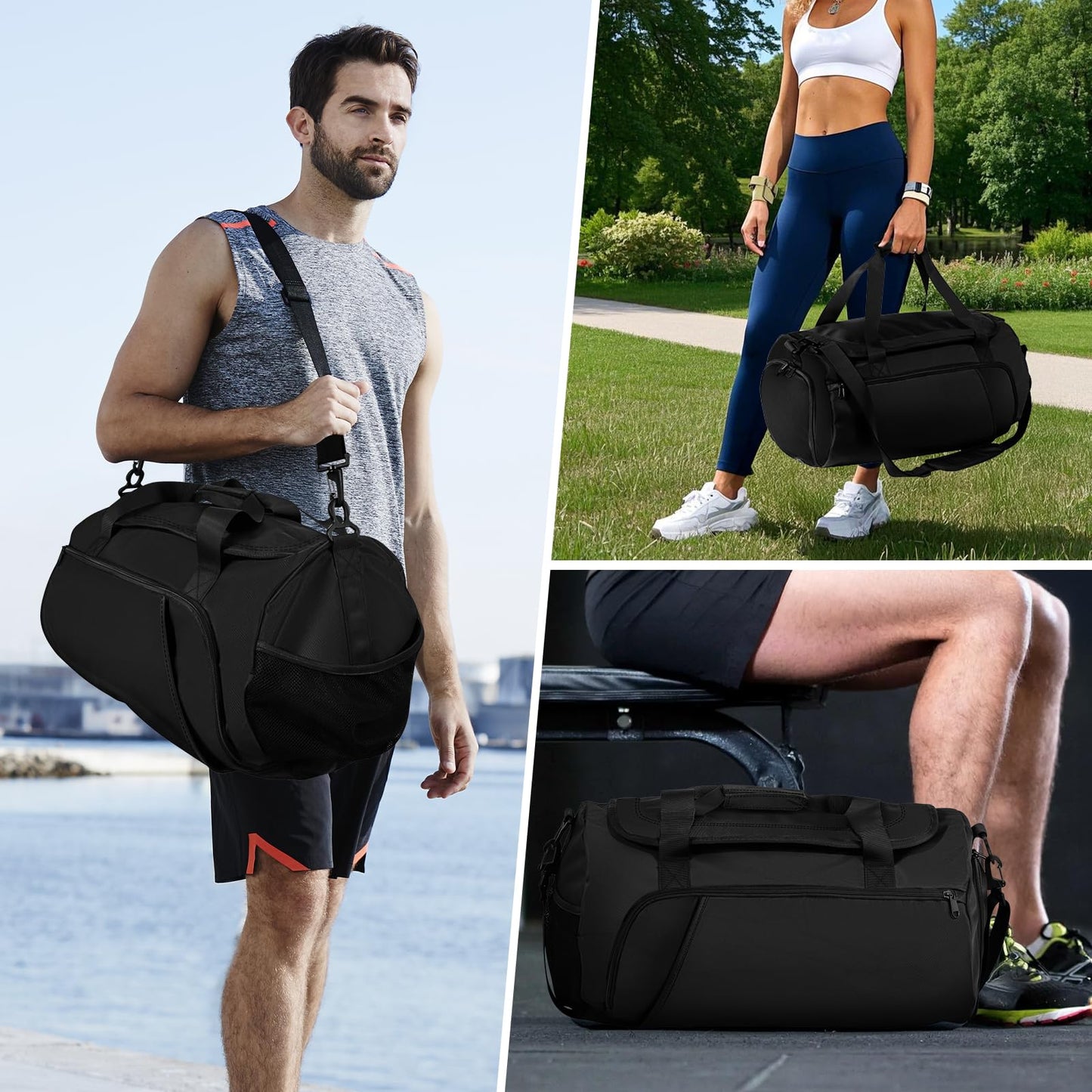 FINYIOE Gym Bag for Men Women With Shoe Compartment & Wet PocketWater Resistant Sports Gym Bag 、shoulder bag、messenger bag Carry On Duffel Bag forWeekend Overnight Traveling (black)