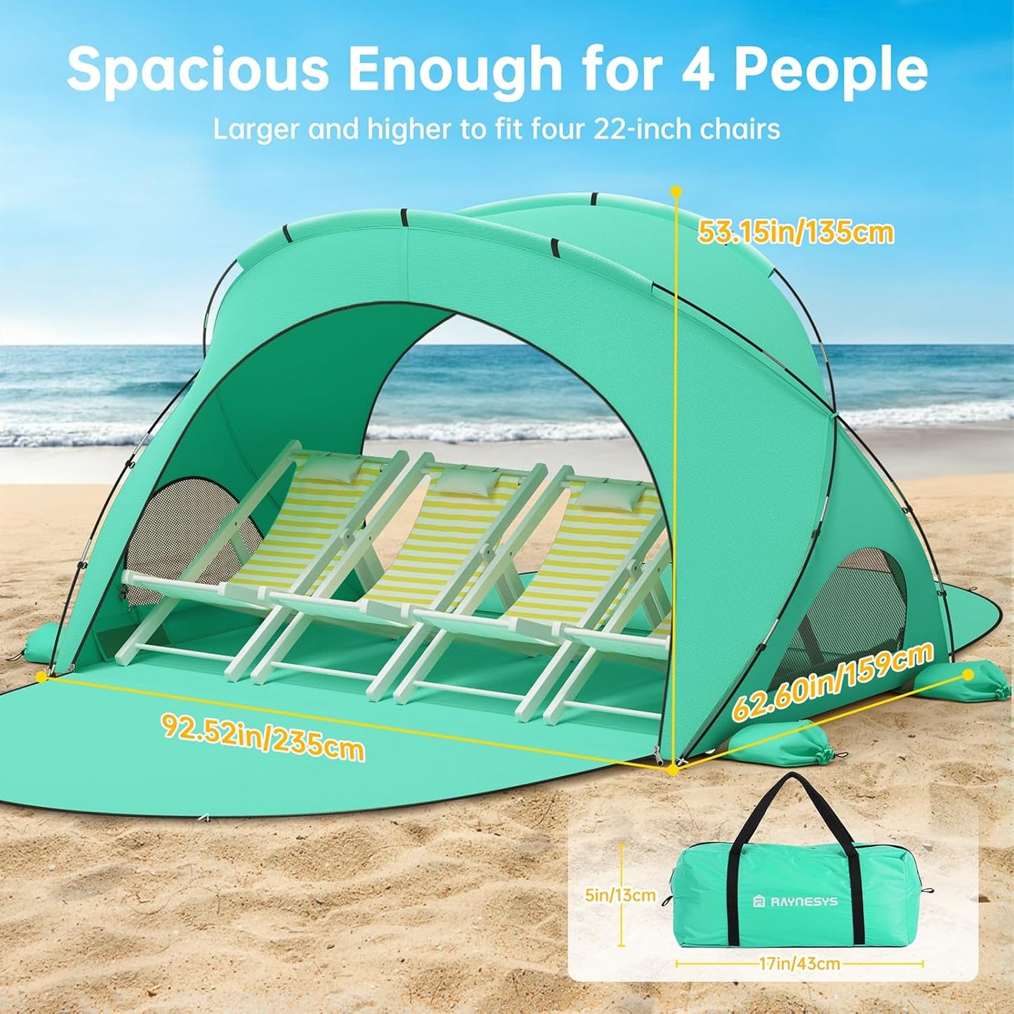 Raynesys Beach Tent - Portable Sun Shelter for 1-4 People | Green Shade with 2 Zippered Doors