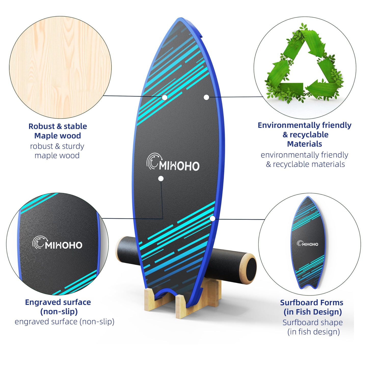 Balance Board Sports with Mat, Exercise Balancing Stability Trainer for Improve Balance, Core Balance Trainer for Fitness, Rehab, Surf (Blue)