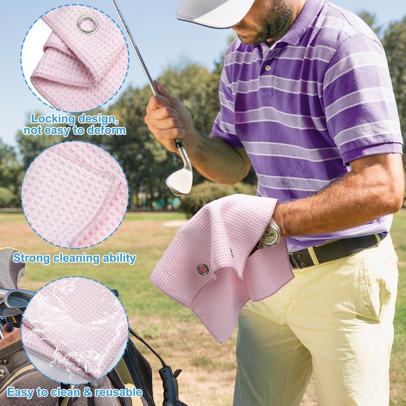 PAGOW Golf Cleaning Kit, Microfiber Golf Towels + Golf Club Groove Cleaner Brush + Foldable Golf Divot Tool, Women Men Golf Accessories for Golf Bags (Pink)