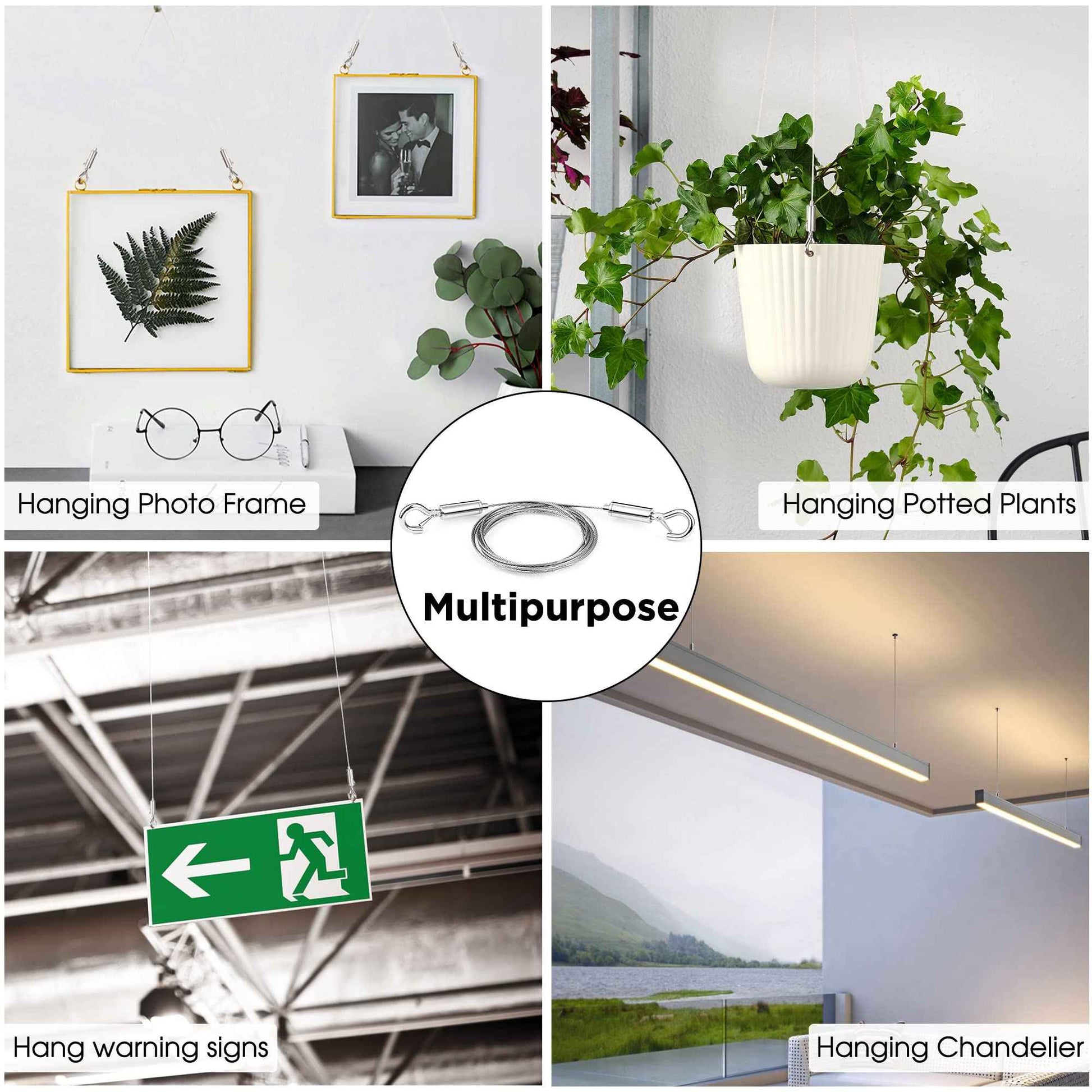 SIDENUO Adjustable Picture Hanging Wire 4PCS Mirror Frame Kit,Heavy Duty Stainless Steel Rope 3m x1.5mm for Mirrors,Frames,Artwork,Light Lamp,Billboards,Basket Flowerpot Hold Up to 30kg(66lb)