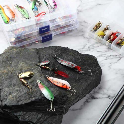 100 Pcs Fishing Lures Kit - Metal Spinner Baits for Trout, Salmon, Bass | Includes 4 Tackle Boxes