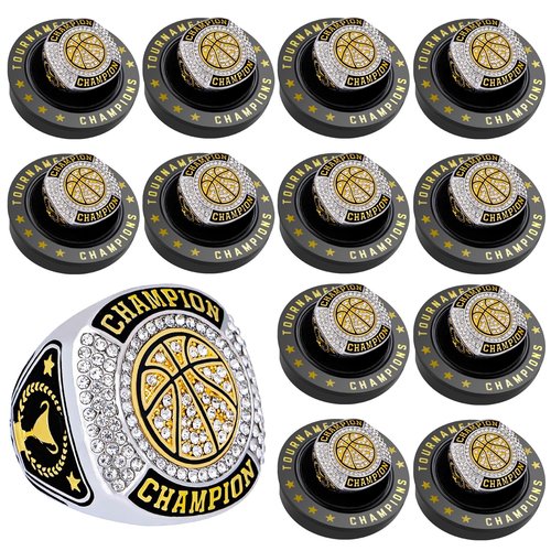 12 Pcs Basketball Championship Ring Basketball Ring Sport Ball Trophy Award Gift With Display Neck Chain and Stand for Tournament or League Champion Winner (12pcs gold basketball rings, size 11)