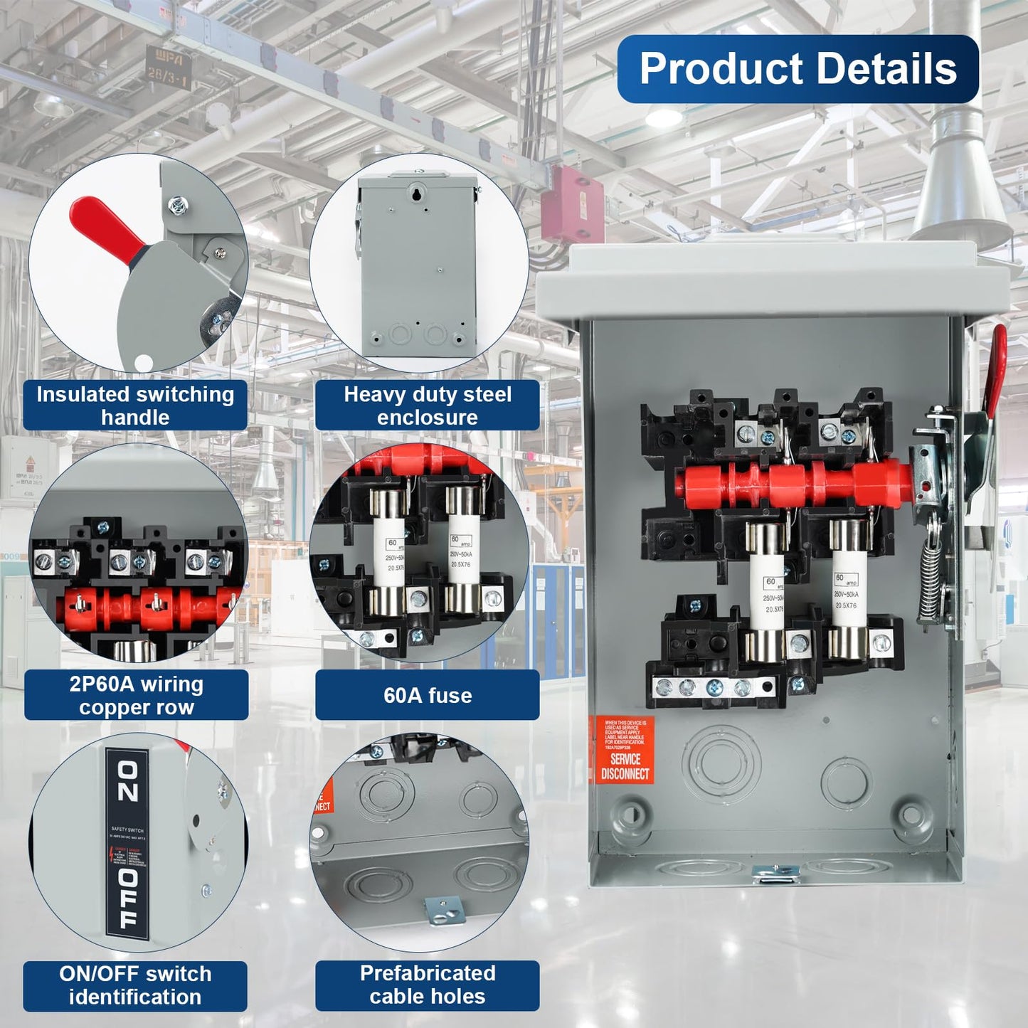 2P 60Amp 110/240V 2 Wire Fusible Heavy Duty Safety Switches，Ac Disconnect Switches Box，Quick Disconnect Safety Switch，Equipped with Fuses