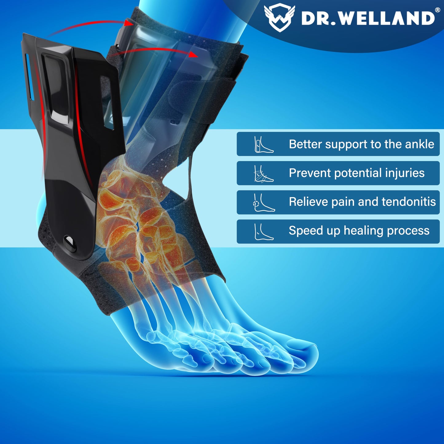 DRwelland Ankle Brace with Side Stabilizers -Adjustable Ankle Support for Sprains, Sports Injuries, Plantar Fasciitis, Injury Recovery, Best Ankle Support for Running, Basketball, Volleyball (Medium)