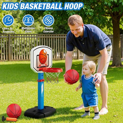 HYES Kids Basketball Hoop & T-Ball Set - Adjustable Height with Automatic Pitching Machine | Indoor/Outdoor Sports Toy for Ages 1-5, Blue