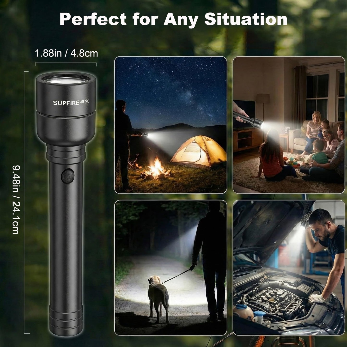 SuperFire Rechargeable Flashlight High Lumens 3000LM, Powerful LED Flashlight with 6 Modes, USB Charging, IP46 Waterproof, Long Runtime for Home Emergency, Outdoor Camping, Hiking&Tactical Use