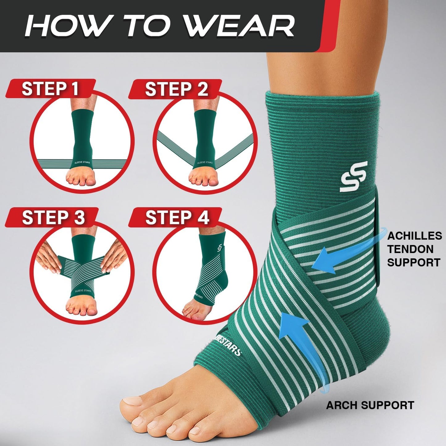 Sleeve Stars Ankle Brace - Compression Support for Sprains & Plantar Fasciitis Relief | Customizable Fit, Turquoise, M: 10"-12"