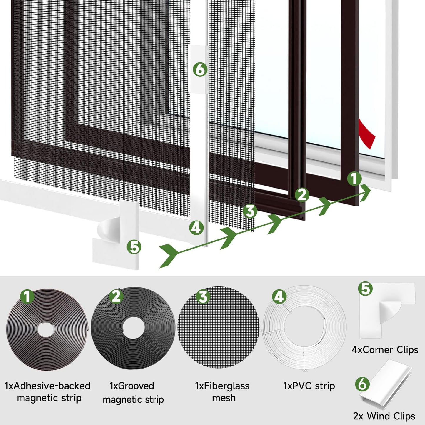 HOFUDON Window Screen Adjustable Magnetic Window Screen Replacement Max 39” x 59”, DIY Fiberglass Mesh Window Screens for House Windows White Frame Grey Mesh