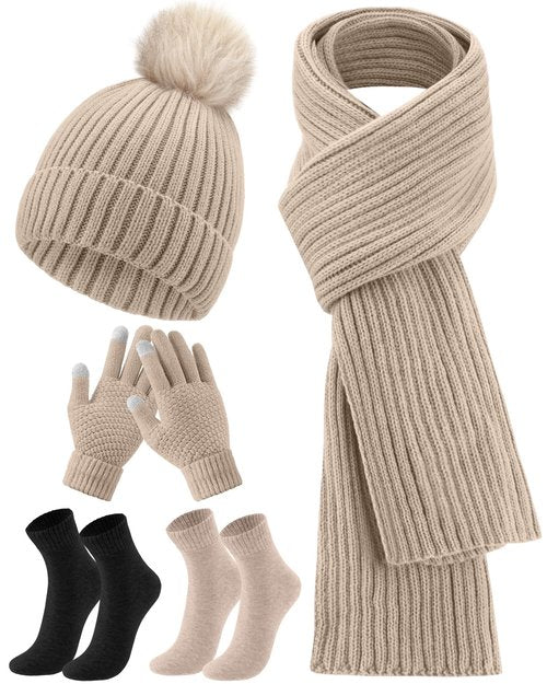 SATINIOR 5 Pieces Winter Beanie Hat Scarf Touchscreen Gloves and Thick Socks Set Knit Fleece Lined Warmer for Men and Women(Beige,Pompom)