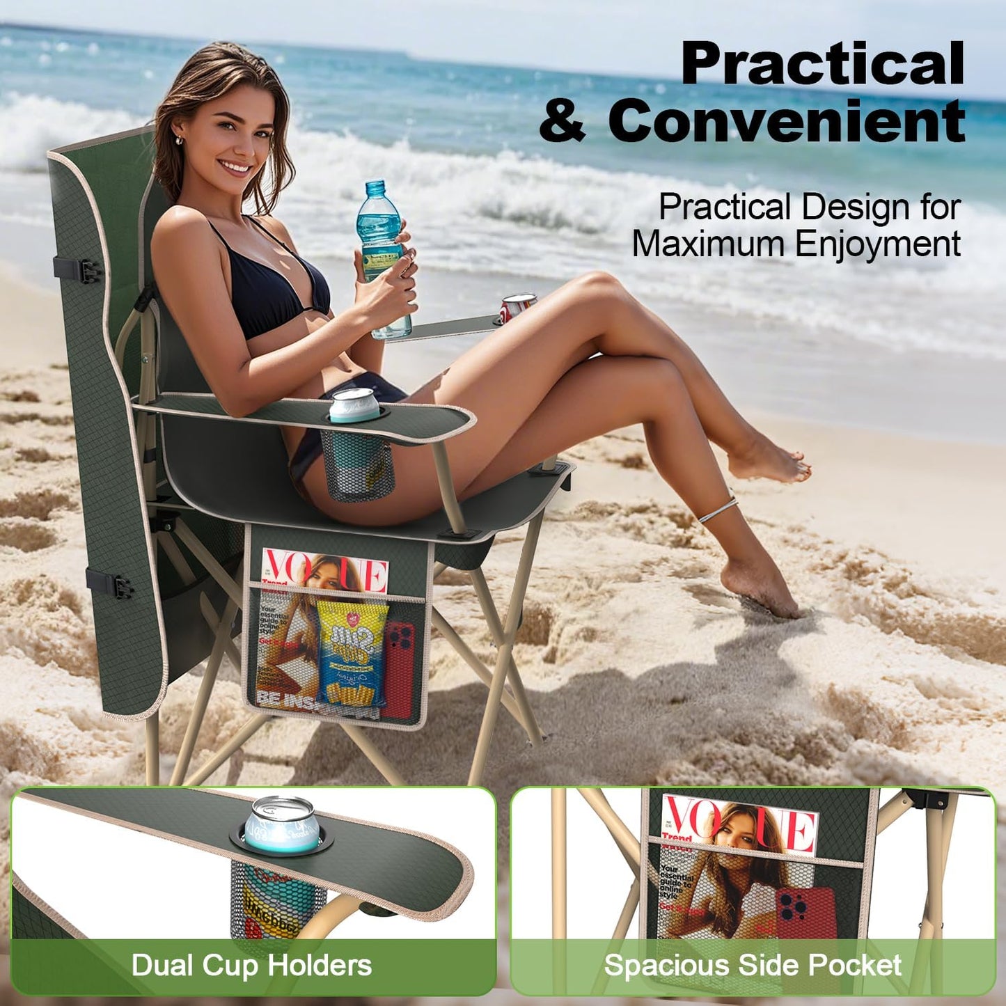 VTOY Portable Camping Chair - Durable 600D Oxford Folding Chair with Canopy for Outdoor Activities
