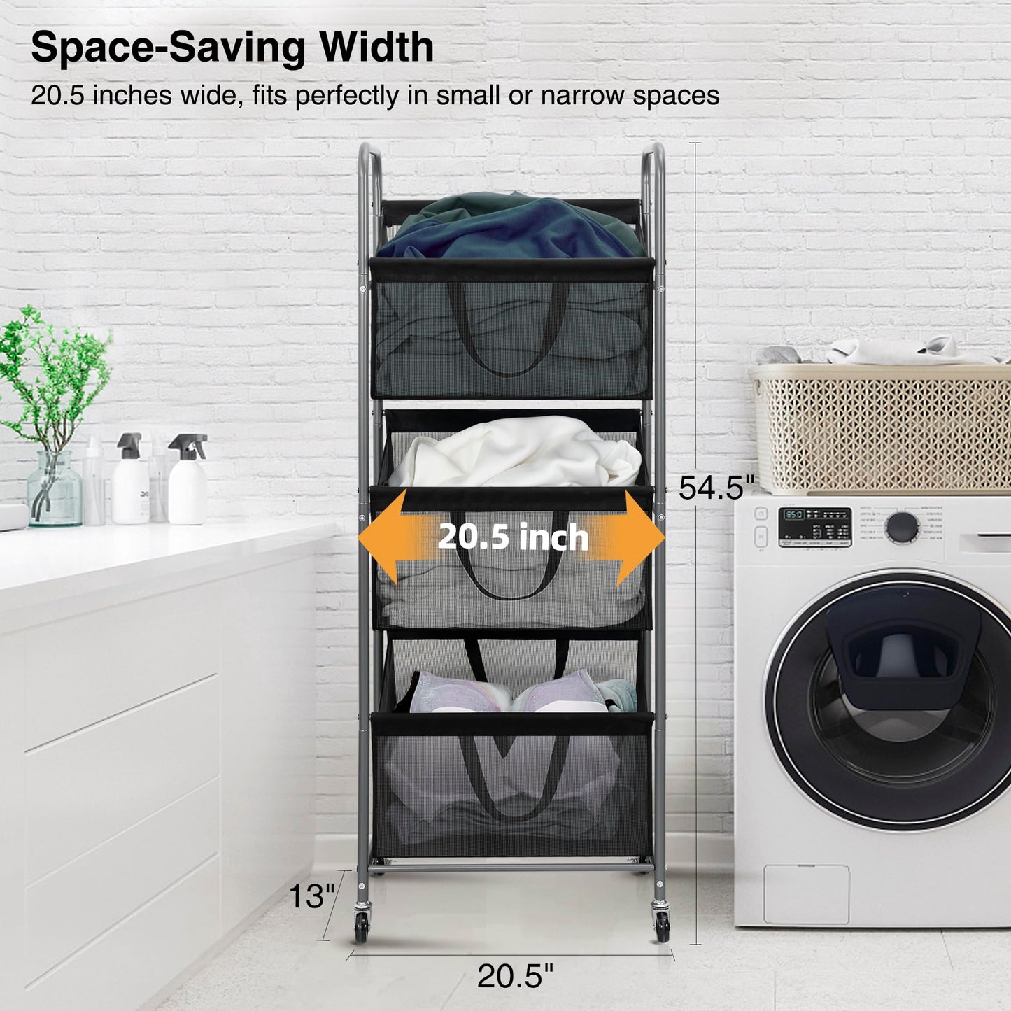 STO STO 3-Tier Vertical Rolling Laundry Hamper, Removable Bags, Black Mesh