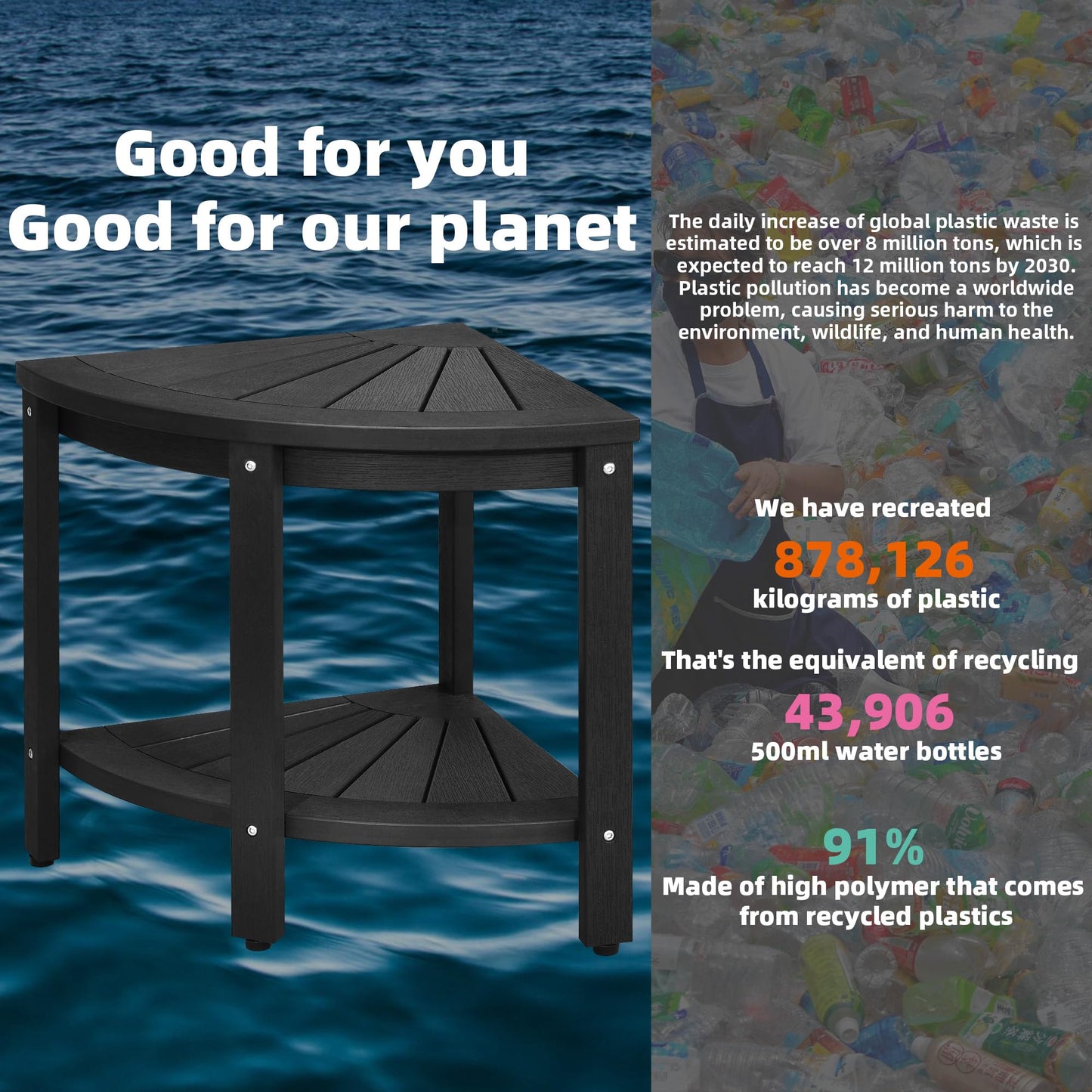 DWVO Poly Lumber Shower Bench 17" Shower Stool Corner Bench with Storage Shelf, Wood Texture Corner Seat for Bathroom, Spa, Corner Shower Stool for Bathroom Living Room (Black)