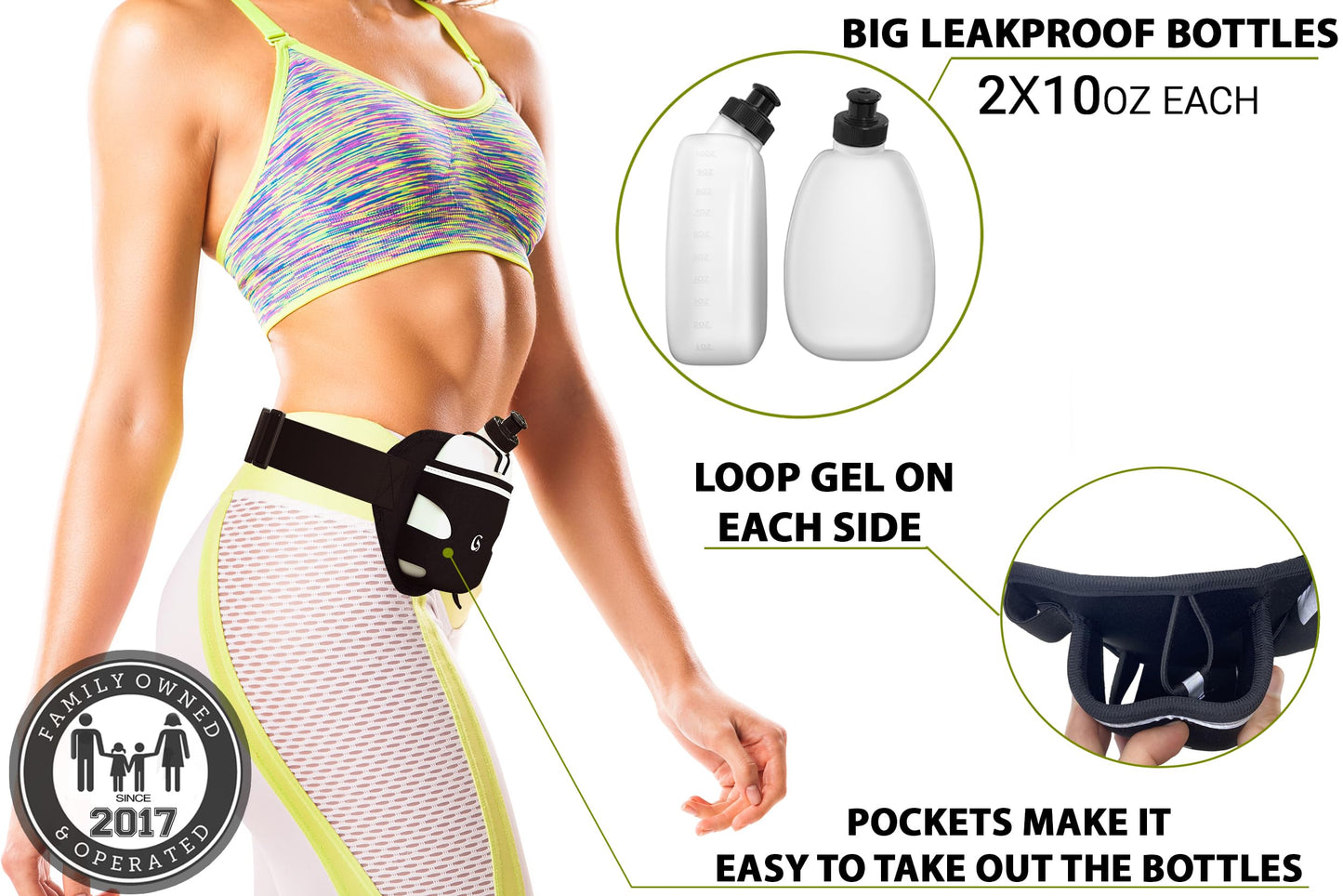 Q-RUN Hydration Running Belt with Bottles - Water Belts for Woman and Men - iPhone Belt for Any Phone Size - Fuel Marathon Waist Pouch for Runners - Jogging Cycling Biking, Black