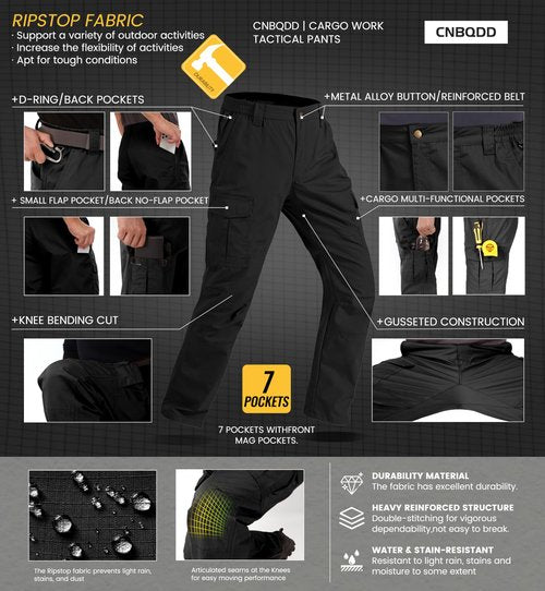CNBQDD Work Pants for Men Ripstop Tactical Pants Water Resistant Breathable Cargo Work Pants for Men Outdoor Hiking Pants with 7 Pockets Black 34Wx32L