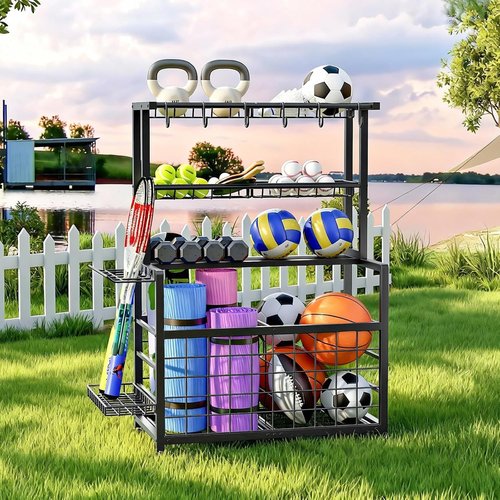 HOOBRO Ball Storage Rack - Heavy Duty Sports Equipment Organizer with Basket & Hooks | Black