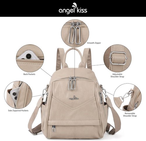 Angel Kiss Small Backpack Purse - Soft Vegan Leather Women's Fashion Handbag with Removable Strap | Apricot