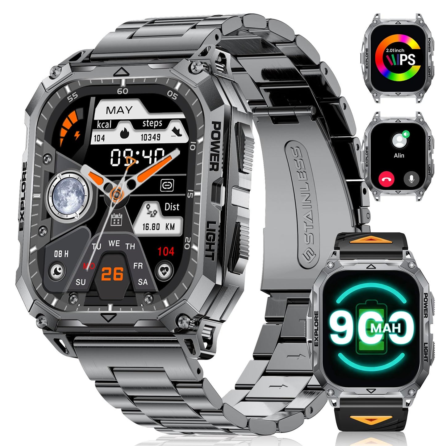 Smart Watches for Men(Answer/Dial Call), 2,01'' Super Large Military Smartwatch with 900mAh High-Capacity Battery/Led Flashlight/Heart Rate/Sleep Monitor, IP68 Waterproof Fitness Watch for Android iOS