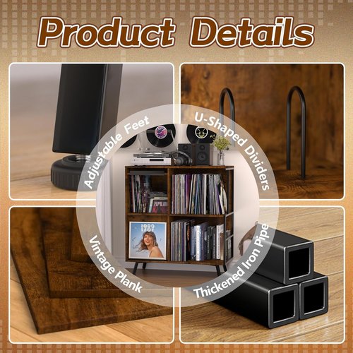 Faesun Vinyl Record Storage Stand - 3 Tier Flip Top Cabinet Holds 300+ Albums | Rustic Brown