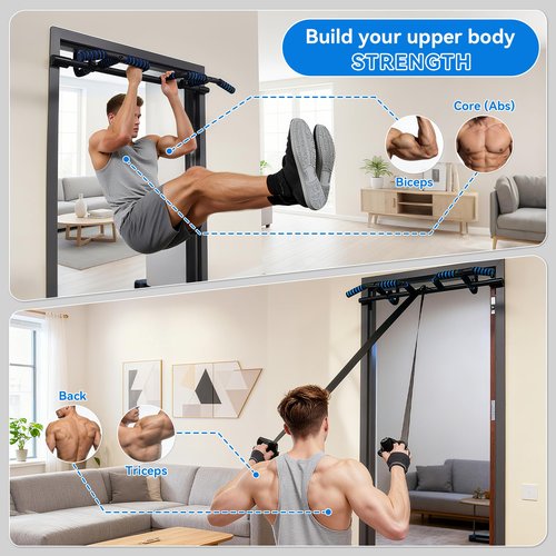 EPHESPORT 2026 Multifunctional Pull Up Bar for Doorway – US Patented Design, Foldable, No Drilling or Slipping, Multi-Grip Bar with Resistance Band Hooks, Commercial Alloy Steel, Large PVC Pads, 440 lbs Capacity (Dark blue)