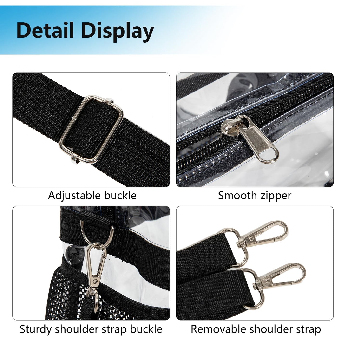 LERASO Clear PVC Transparent Tote Bag, Heavy Duty Waterproof Clear Crossbody Bag Stadium Approved with Adjustable Removable Strap for Concerts, Sports, Work, Beach & Daily Use,Black