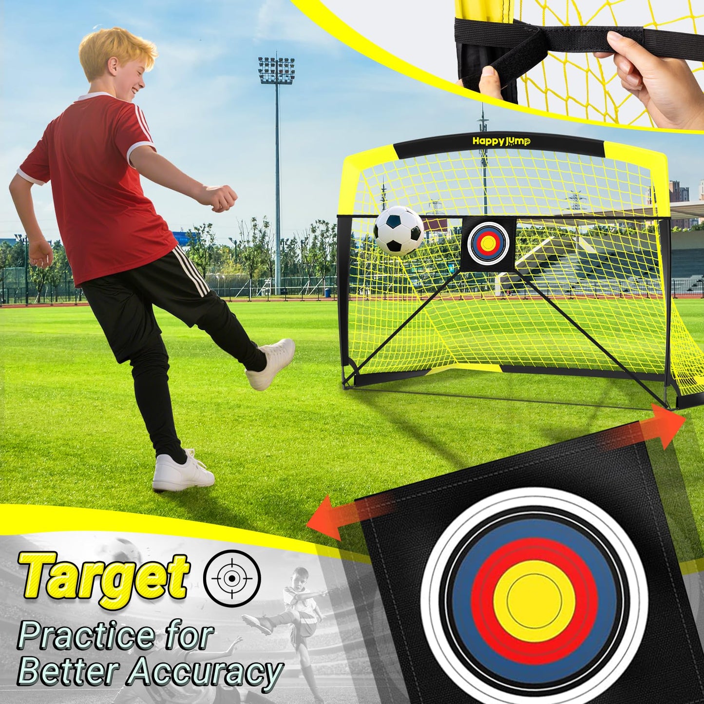 Happy Jump Folding Soccer Goal for Backyard, 2.1 x 1.5 Meters, 1.5 x 1.1 Meters, 1.2 x 0.9 Meters, 0.9 x 0.7 Metres