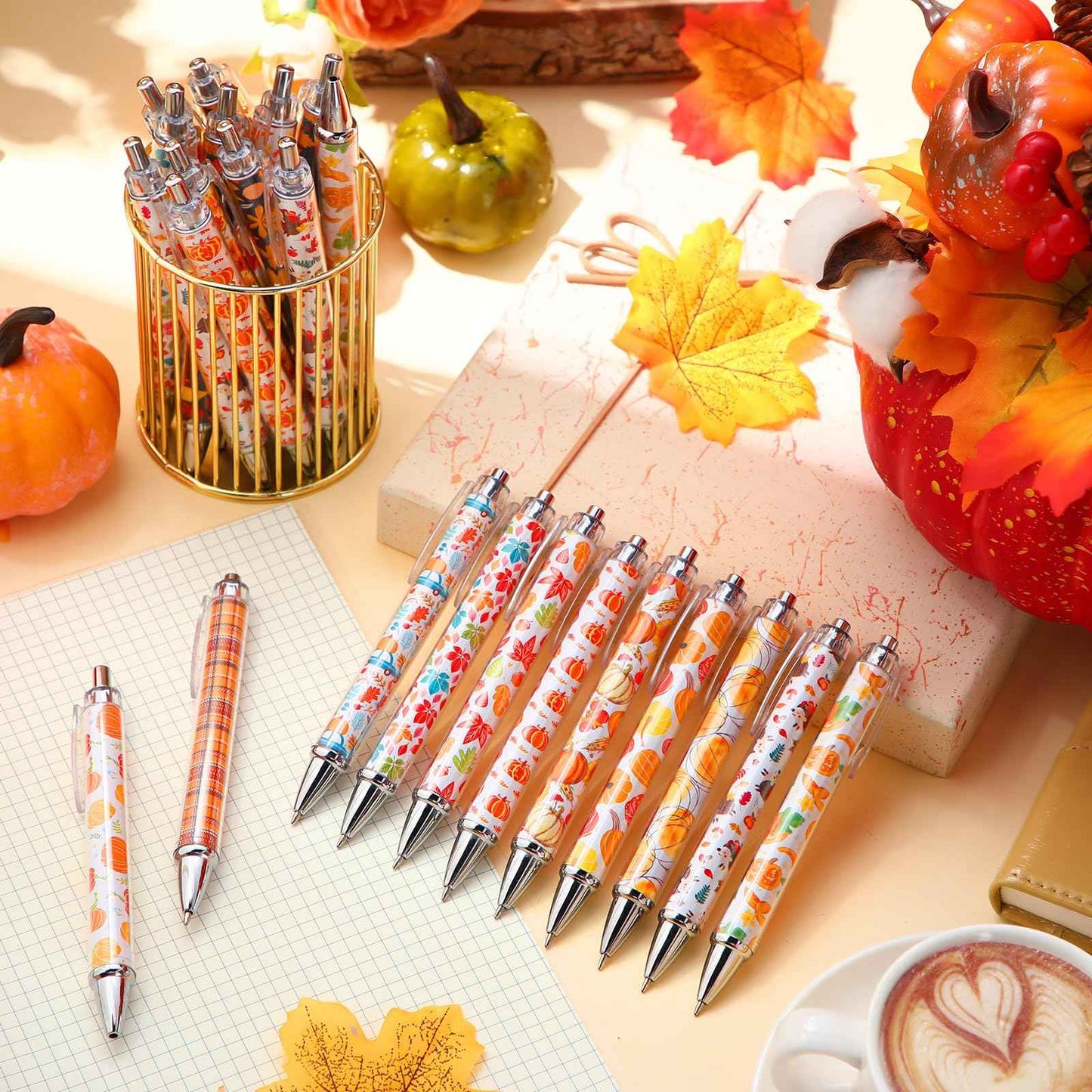 Resurhang 150 Pcs Thanksgiving Ballpoint Pens Bulk Fall Themed Pen 0.5 mm Autumn Maple Leaf Pumpkin Harvest Style Retractable Black Ink Pens Thanksgiving Party Favor Pen for Kid School Office Supplies