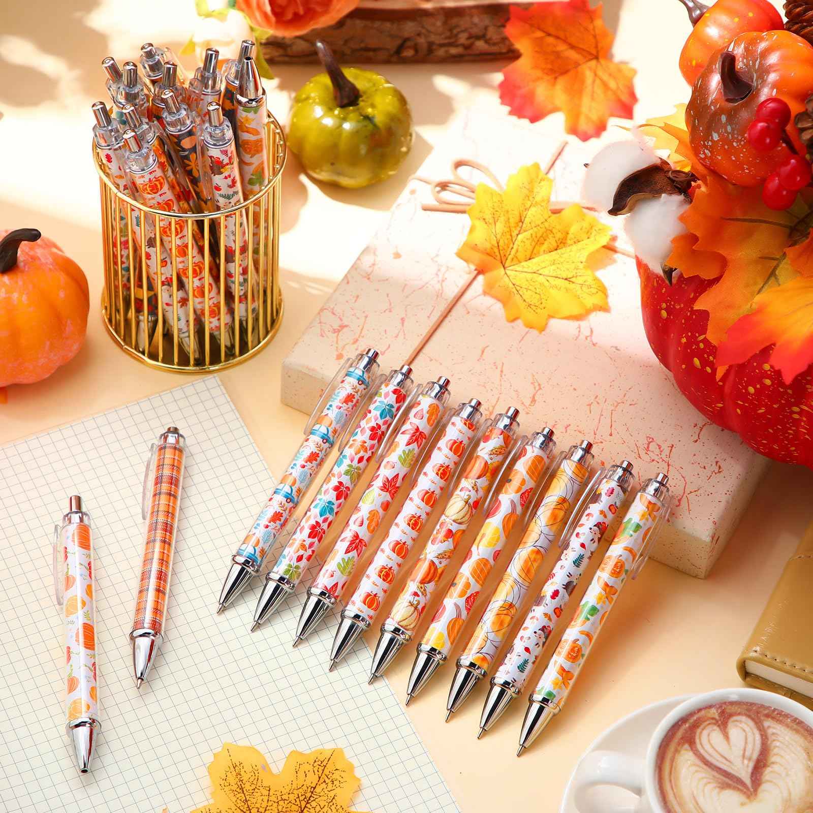 Resurhang 150 Pcs Thanksgiving Ballpoint Pens Bulk Fall Themed Pen 0.5 mm Autumn Maple Leaf Pumpkin Harvest Style Retractable Black Ink Pens Thanksgiving Party Favor Pen for Kid School Office Supplies