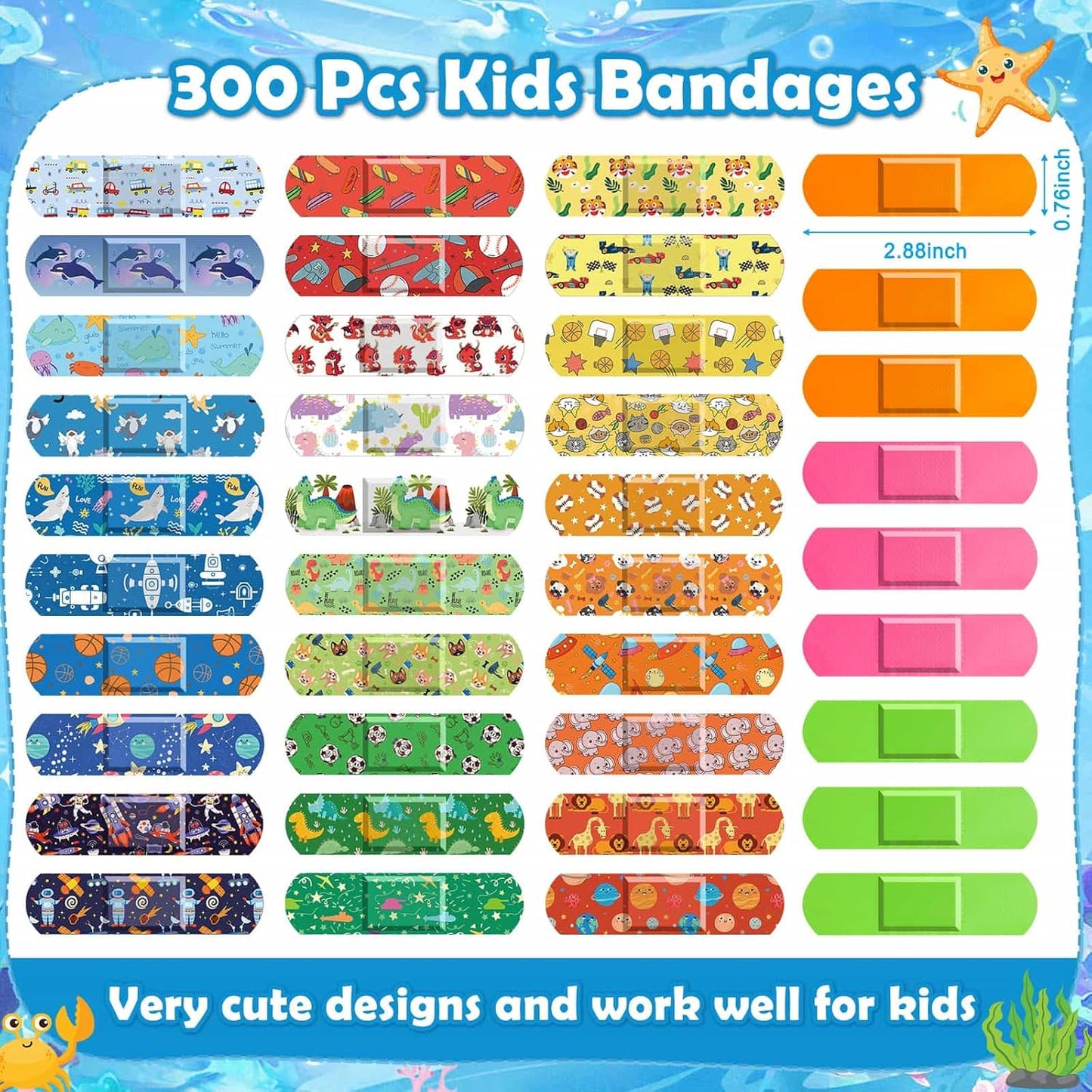 Sublaga Kids Cartoon Bandages - 300 Pcs Waterproof Adhesive Bandages for Scrapes & Cuts | Colorful & Flexible