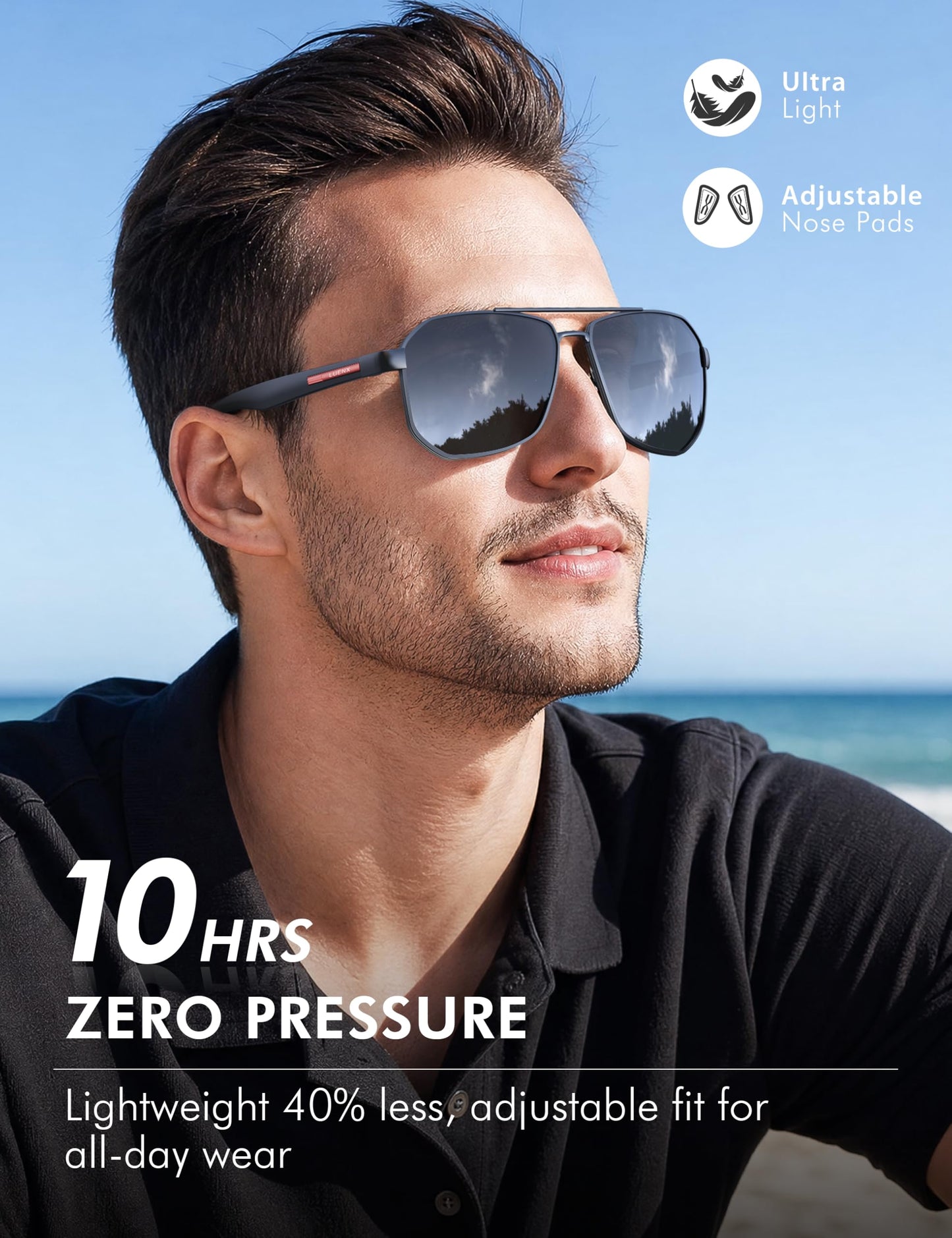 LUENX Aviator Sunglasses for Men Square Polarized Polygon Lens - UV 400 Protection with Accessories Driving Outdoor 61MM Black Lens