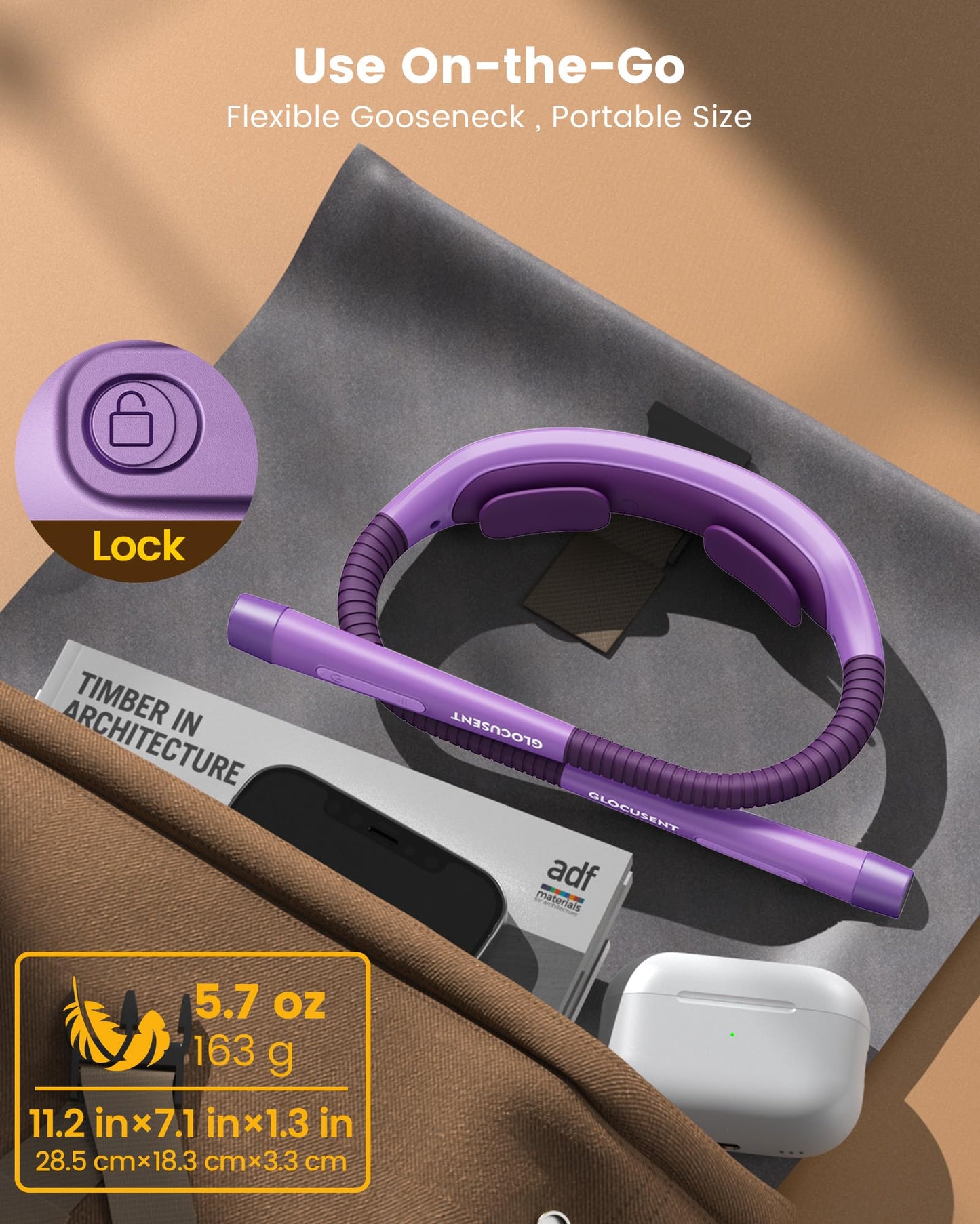 Glocusent Ergonomic Reading Light, 1600mAh Rechargeable Book Light for 100 Hrs - 3 Colors & 5 Brightness, Neck Light with Timers, Sleep Aid & Travel Lock, Perfect for Reading, Knitting & Craft