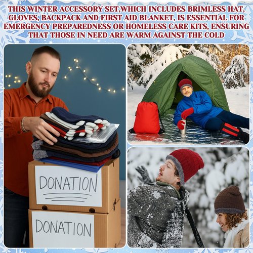 Geyoga 120 Pcs Charity Donation Homeless Care Supplies Bulk Winter Beanie Emergency Blanket Touchscreen Glove Drawstring Bags(Multicolor)