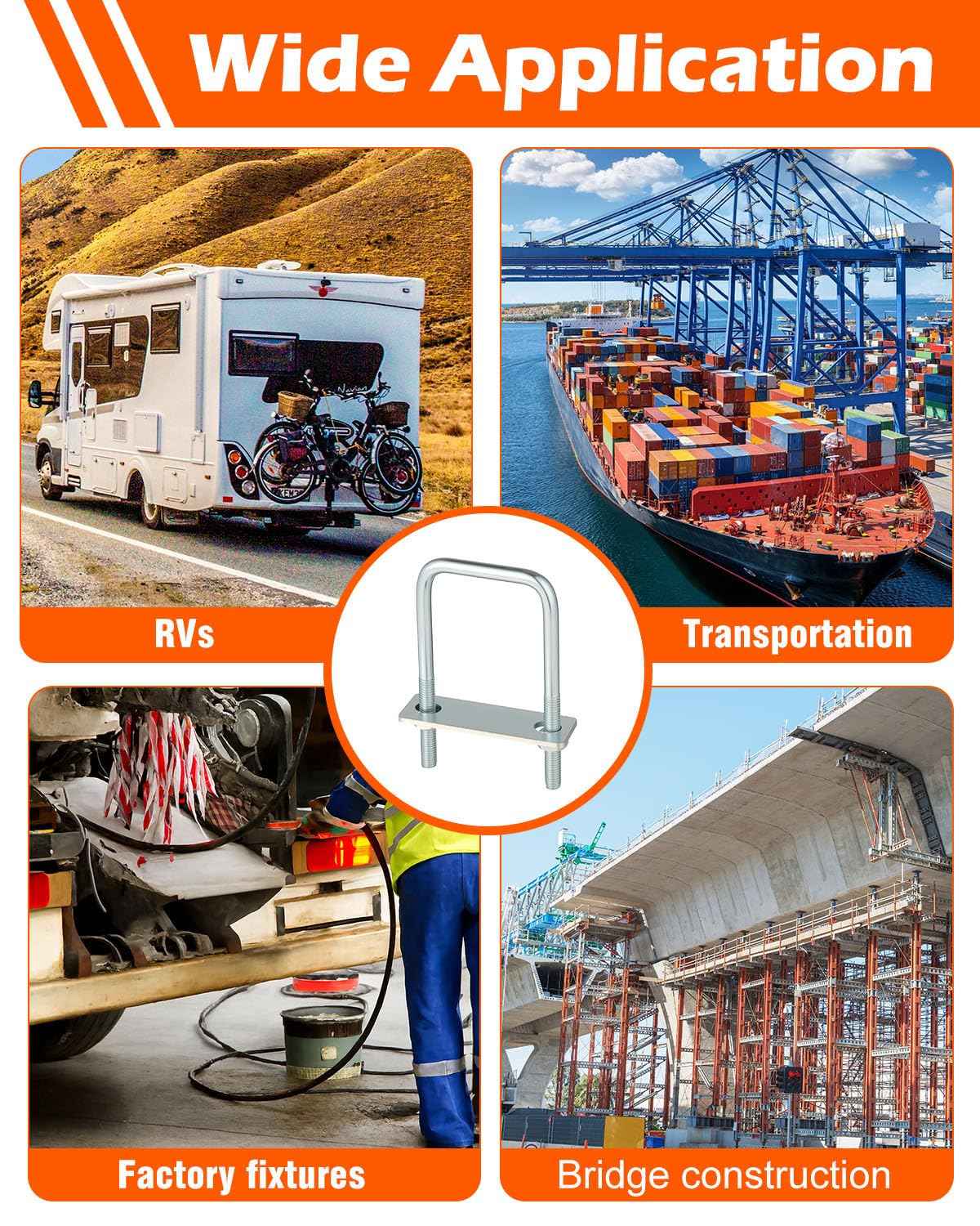 ZORUNNA Square U Bolts 4 inch Wide, 3/8" D x 4" W x 5" L Galvanized U-Bolts for Boat Trailer Tube, Rectangular Wood and Metal Objects (6 PCS)