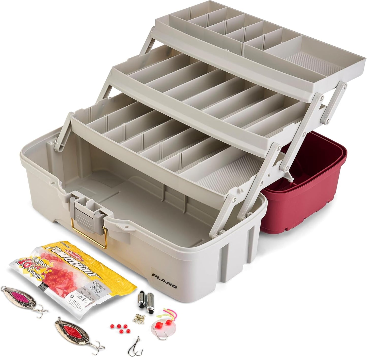 Plano Tackle Box | Three-Tray Salmon Kit with Rust-Proof Brass Latch - Maroon/Grey, Deep Storage Compartments