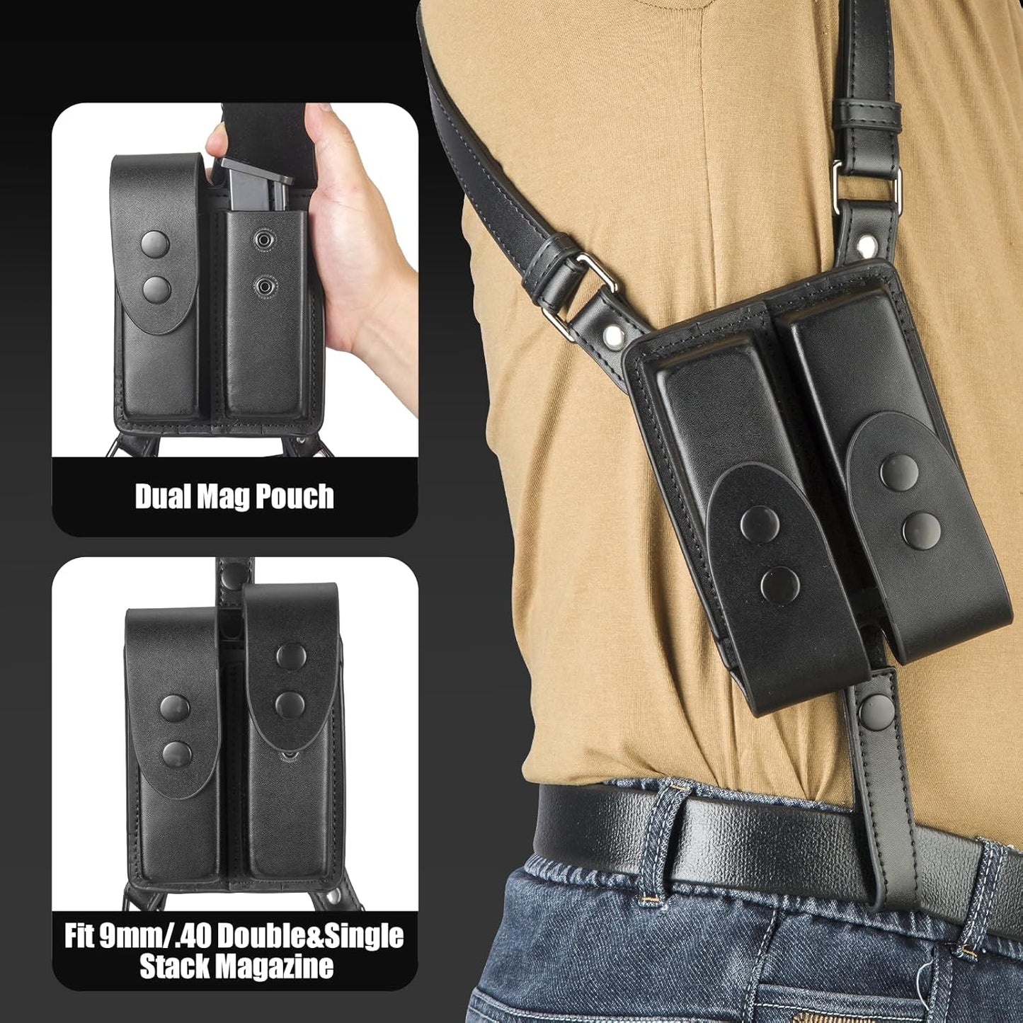 Yigerlee Shoulder Holster - Adjustable Vertical Gun Holster with Double Magazine Pouch | Soft Microfiber Leather, Fits 1911, Glock 17/19, Beretta 92FS & More