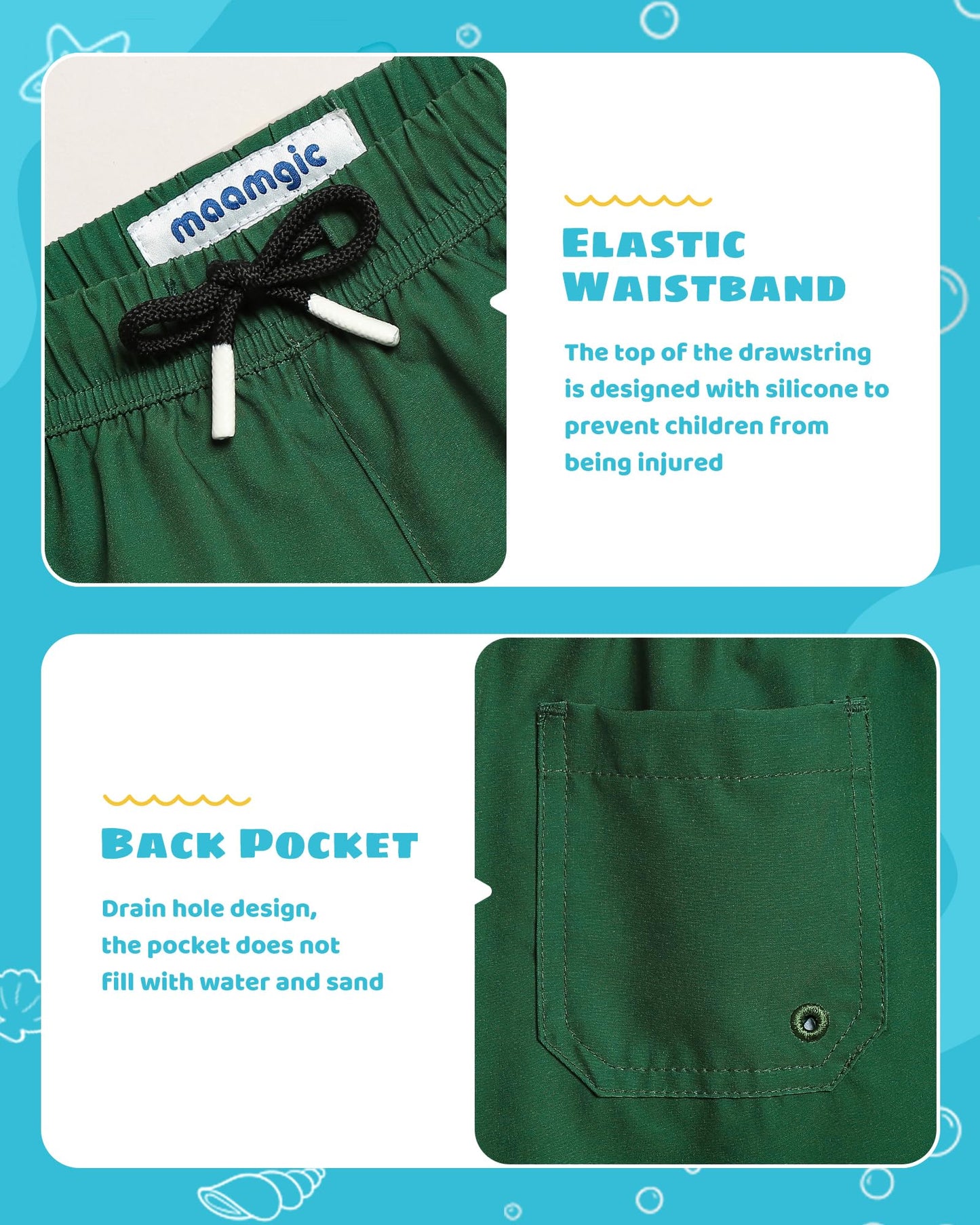 maamgic Boys Swim Trunks with Compression Liner Toddler Stretch Swim Shorts Quick Dry Swimming Trunks Boxer Brief 2 in 1 Beach Shorts Dark Green 10/12