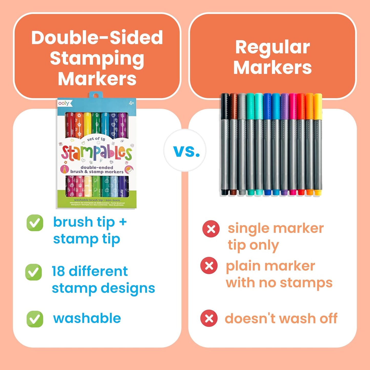 Ooly 18 Double-Sided Stamping Markers - Versatile Brush Tip & Stamp | Fun School Supplies