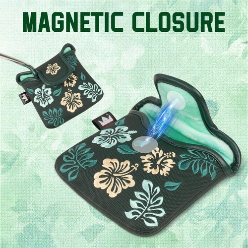Craftsman Golf Azalea Embroidered Floral Green Mallet Putter Cover Headcover Magnetic Closure