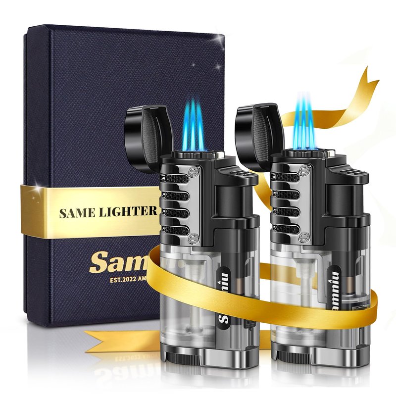 SAMNIU 2 Pack of Torch Lighter, Triple Jet Flames, Visible Gas Tank, Butane Gas Refillable, Windproof Pocket Lighters for Candle, Men’s Gift (Gas not Included)