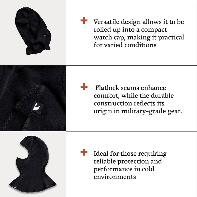 Janus Wool Norse Merino Wool Ski Mask, Balaclava Developed for NATO, Windproof Liner, Black